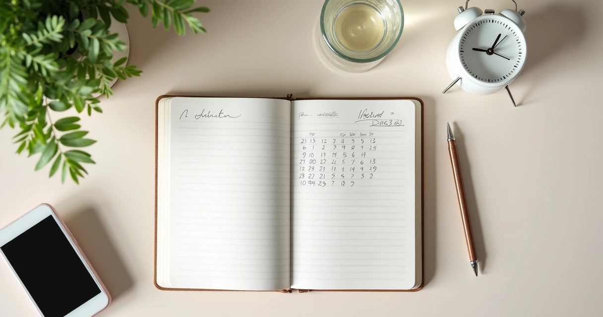 Caderno com plano de hábitos e objetos de rotina sobre mesa clara
