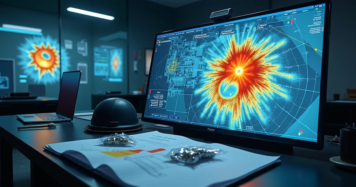 Reconstrução digital de explosão com fragmentos e planta técnica 