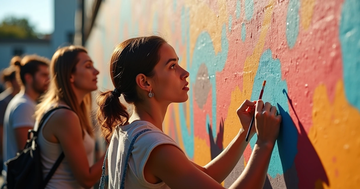 Pessoas reunidas reconstruindo uma pintura mural em uma parede 