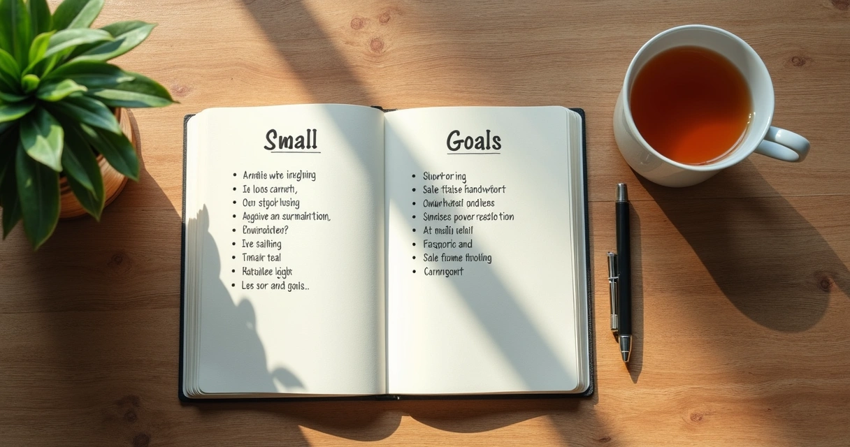 Caderno com metas simples ao lado de planta e luz suave 
