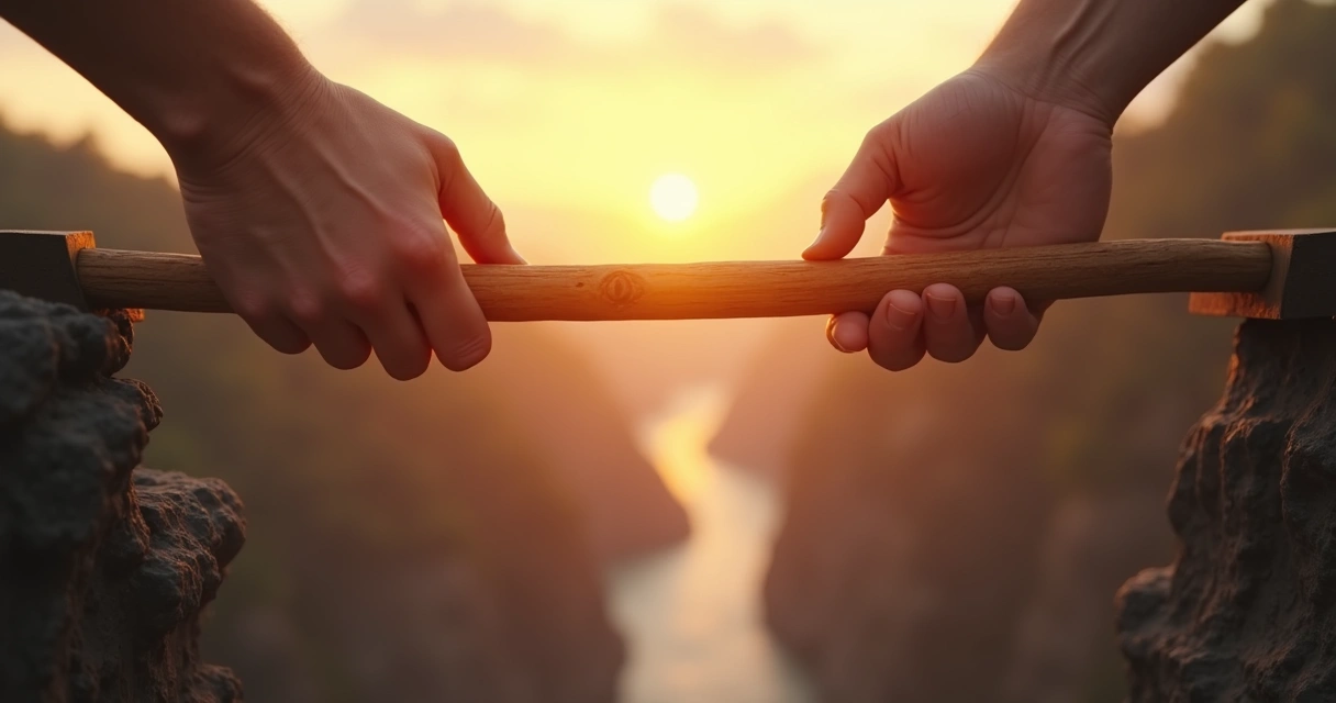 Mãos cruzando pontes de madeira em direção ao centro