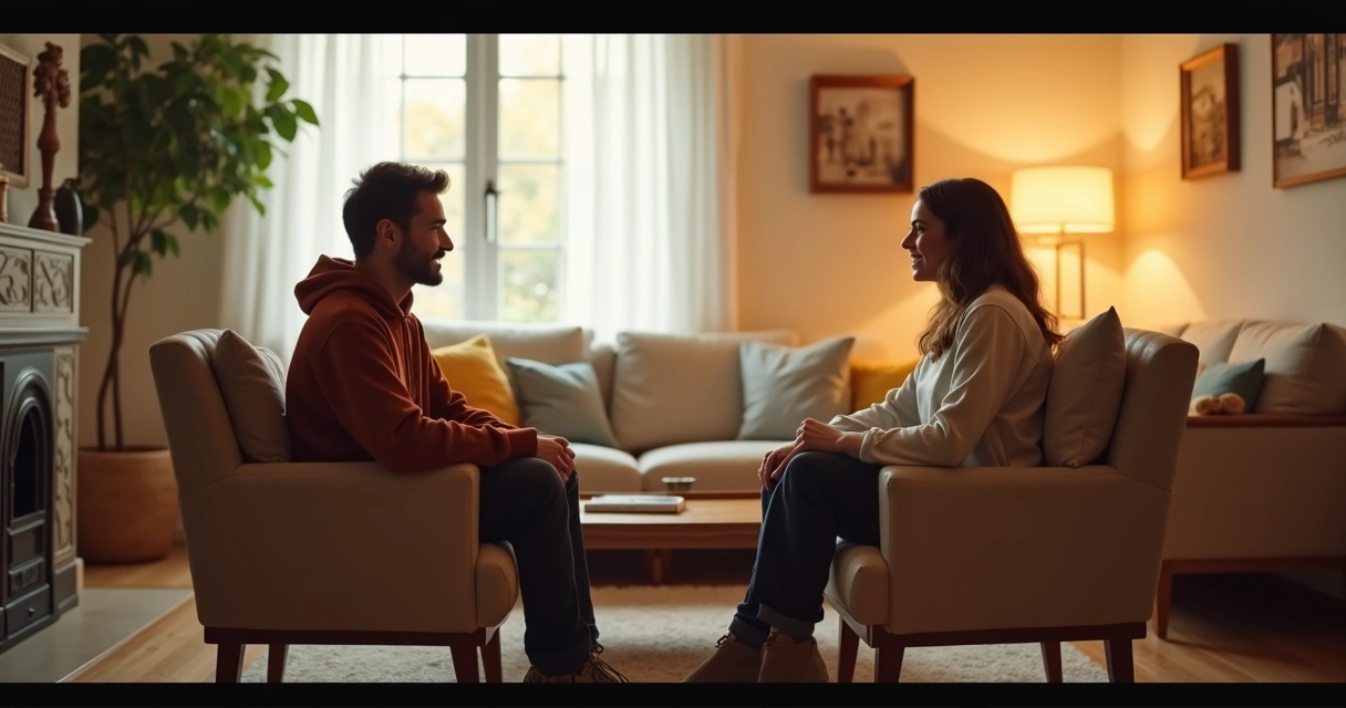 Duas pessoas sentadas em cadeiras, de frente uma para a outra, conversando em ambiente acolhedor de sala, expressando conexão 