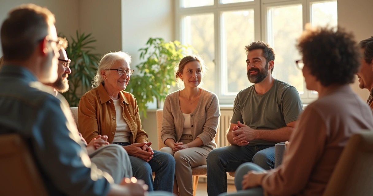 Pessoas de diferentes idades e etnias sentadas em círculo conversando de forma pacífica e atenta, com luz suave entrando por uma janela. 