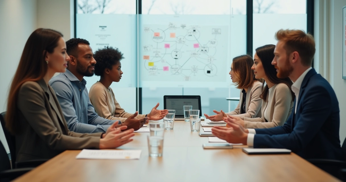 Equipe diversa em reunião reconstruindo vínculos ao redor de uma mesa de escritório 