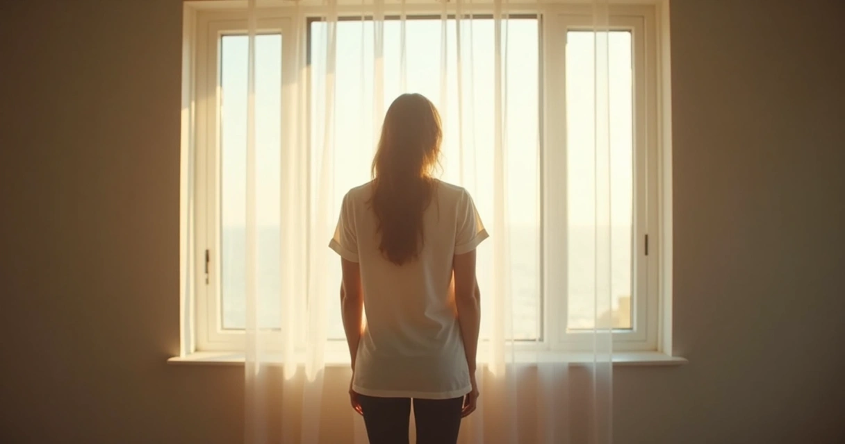 Persona de pie mirando hacia una ventana, luz natural y expresión de reflexión 