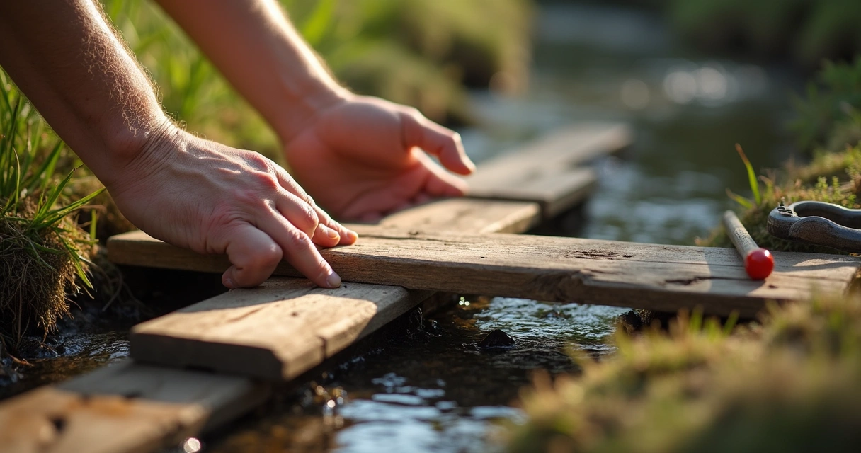 Manos colocando tablas sobre un pequeño puente de madera