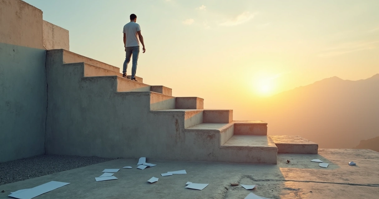 Pessoa em pé no topo de uma escada reconstruída observando um horizonte iluminado 