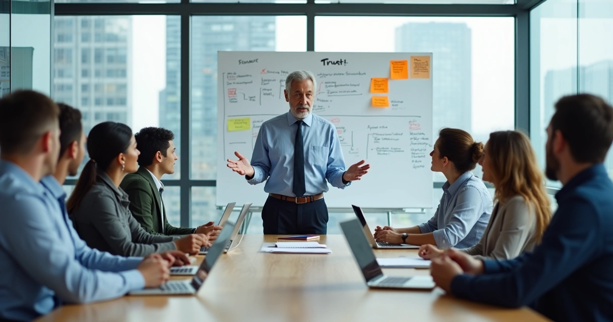 Líder e equipe em reunião reconstruindo a confiança após um erro 