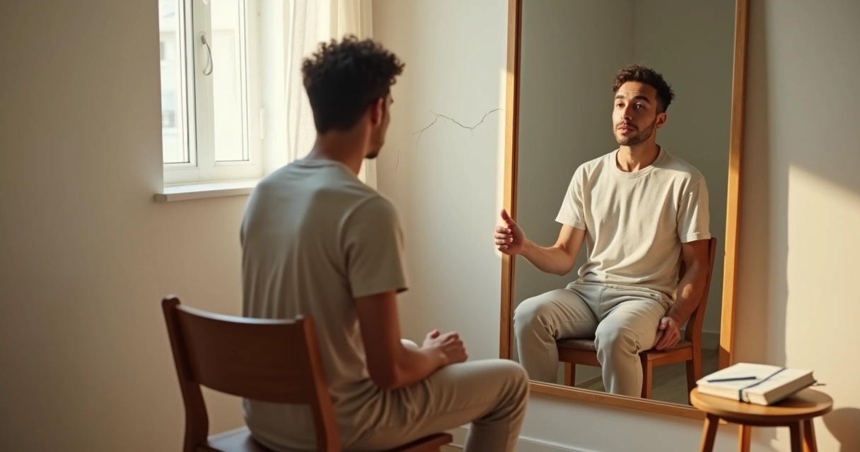Persona reflexionando frente a un espejo rota reconstruyendo la confianza 