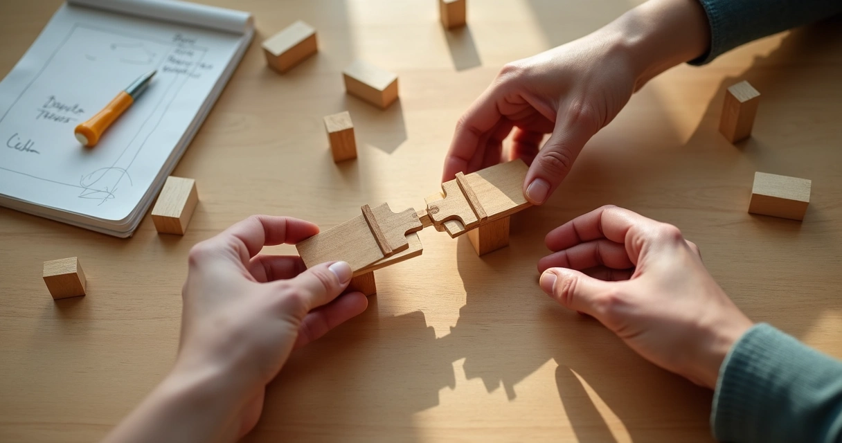 Dos manos reconstruyendo un puente roto de madera sobre una mesa 