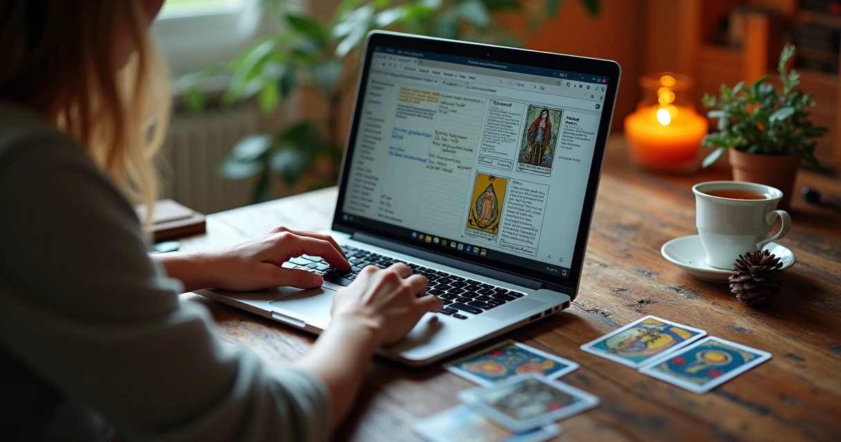 User digitally recording tarot Minor Arcana reading on a laptop 