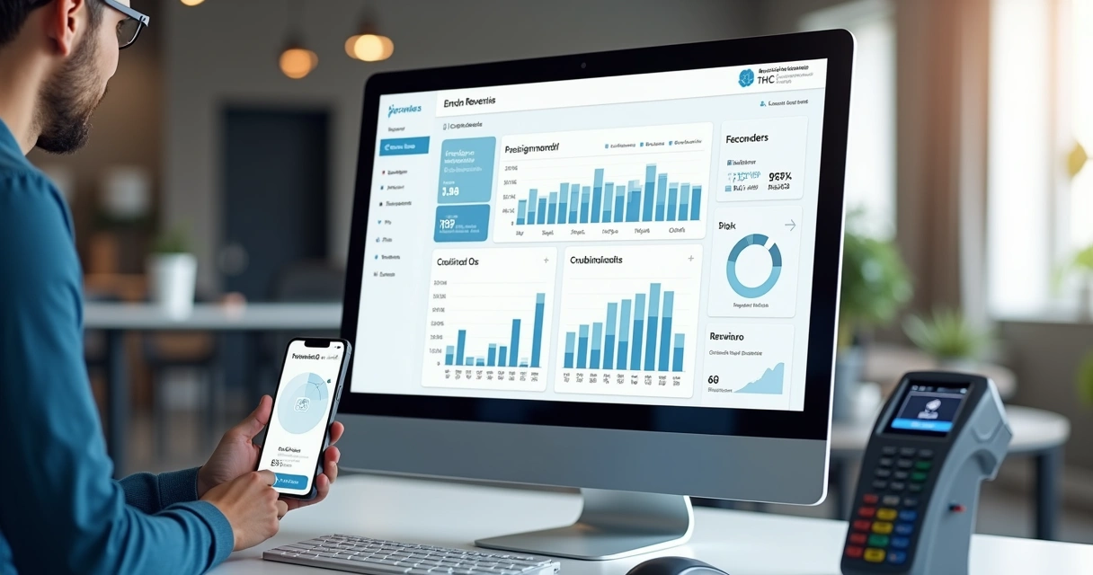 Ilustração de um dashboard financeiro mostrando gráficos de receitas recorrentes e diferentes métodos de pagamento 