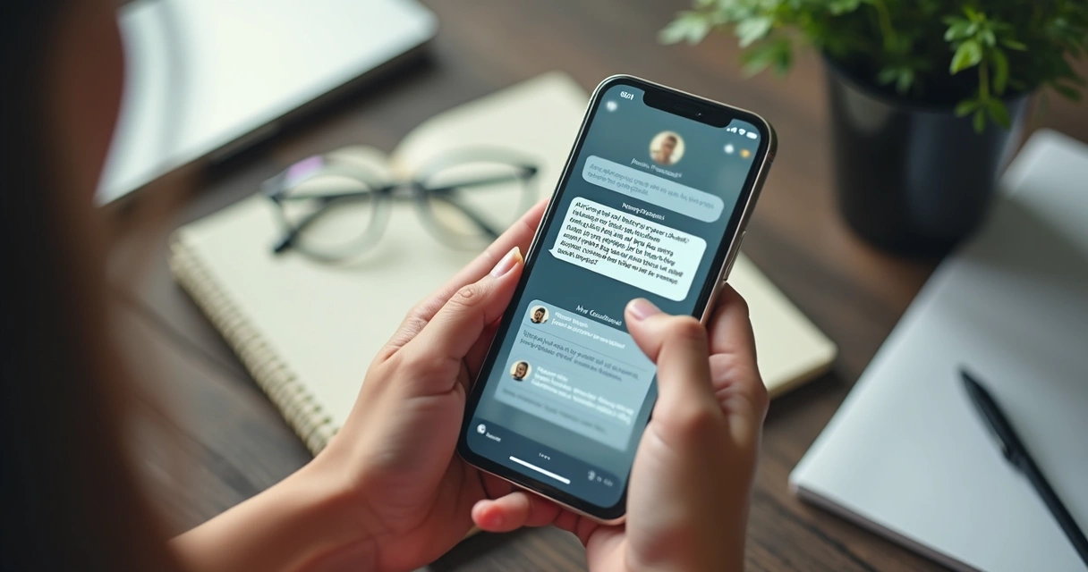 Celular com conversa recortada e trechos destacados 