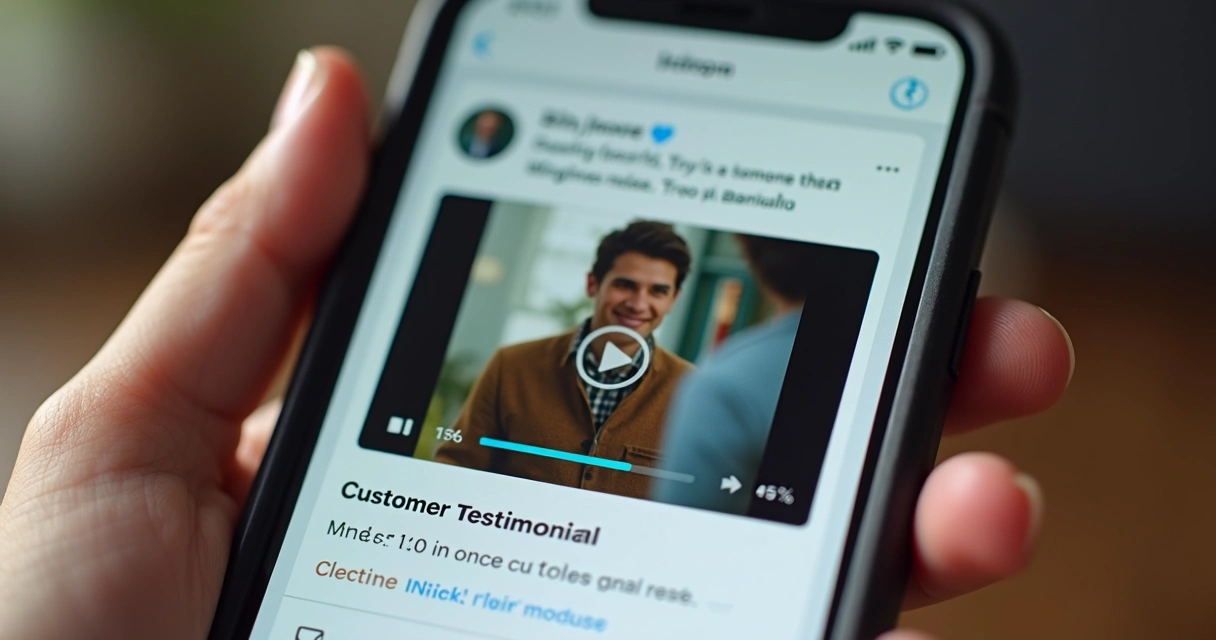 Vídeo de depoimento em formato quadrado postado em rede social, com legenda colorida e botão de play visível
