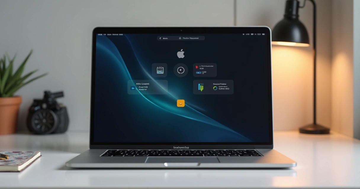 Notch do MacBook exibindo widgets como controle de mídia e notas rápidas 