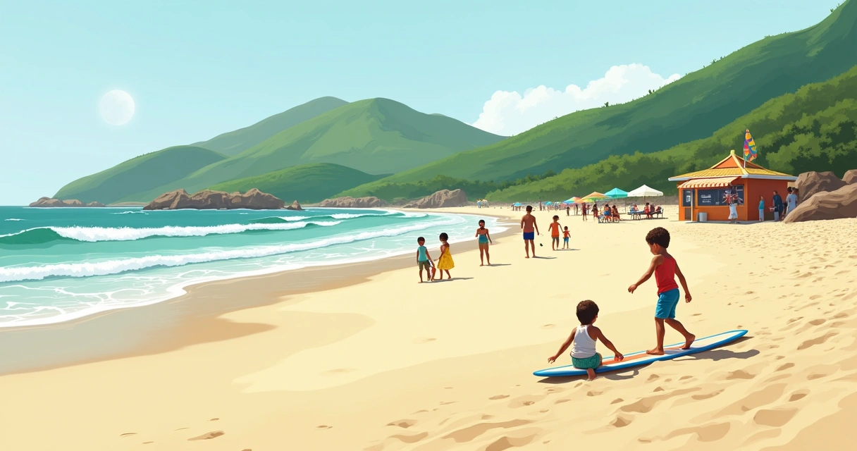 Crianças brincando com prancha na areia da Praia do Recreio dos Bandeirantes 