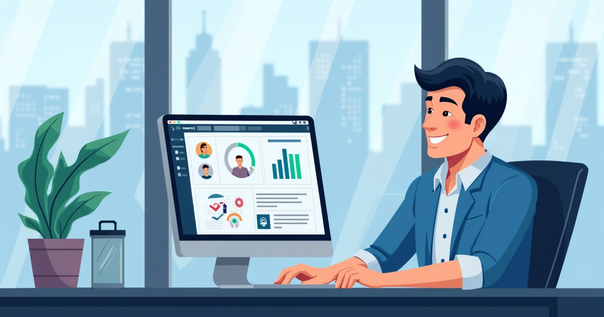 Recruiter at computer using AI tool for sourcing candidates 
