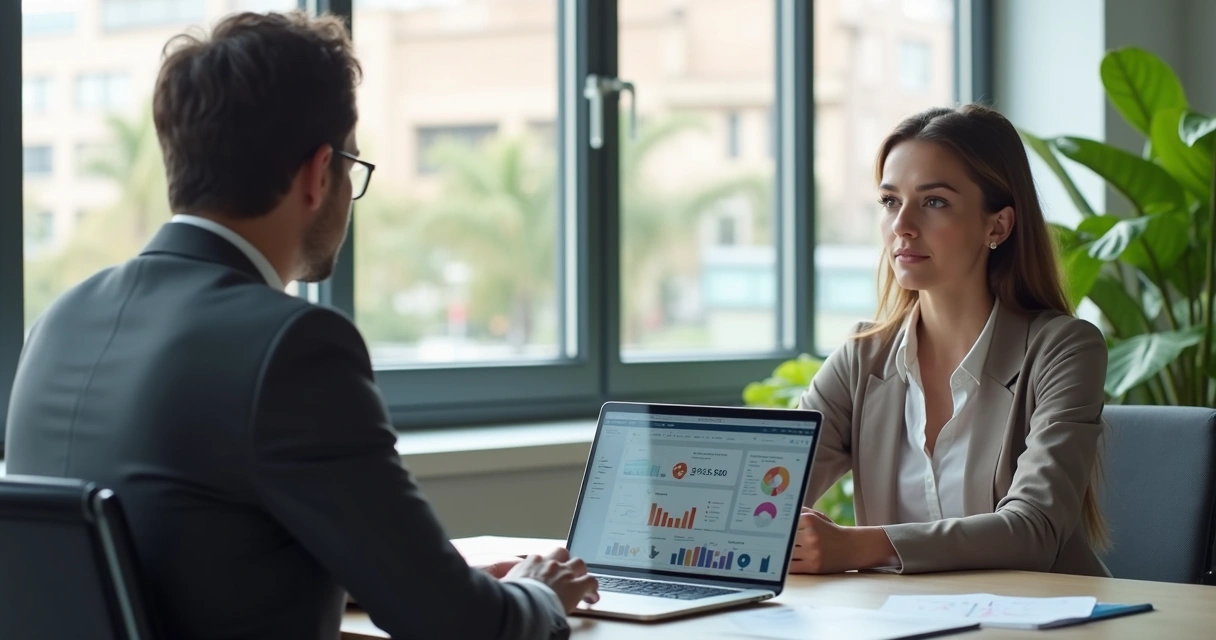 Business professionals conducting an interview with a digital assistant on laptop screen in modern office 