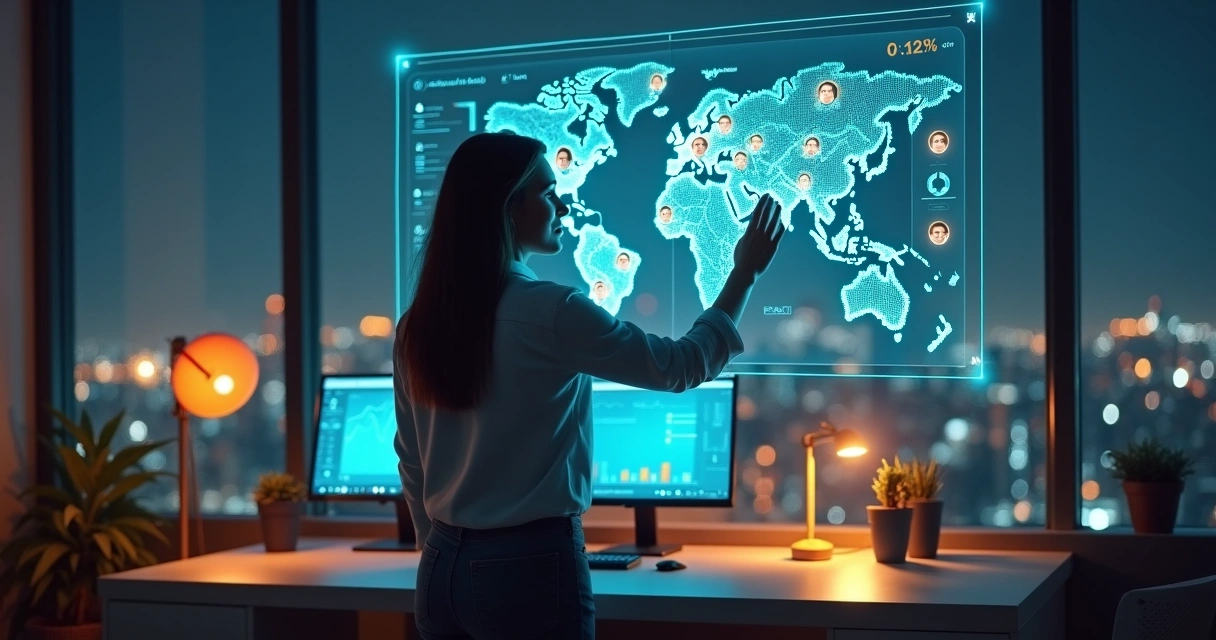 Mulher analisando painel digital com mapa e dados de afiliados destacados 