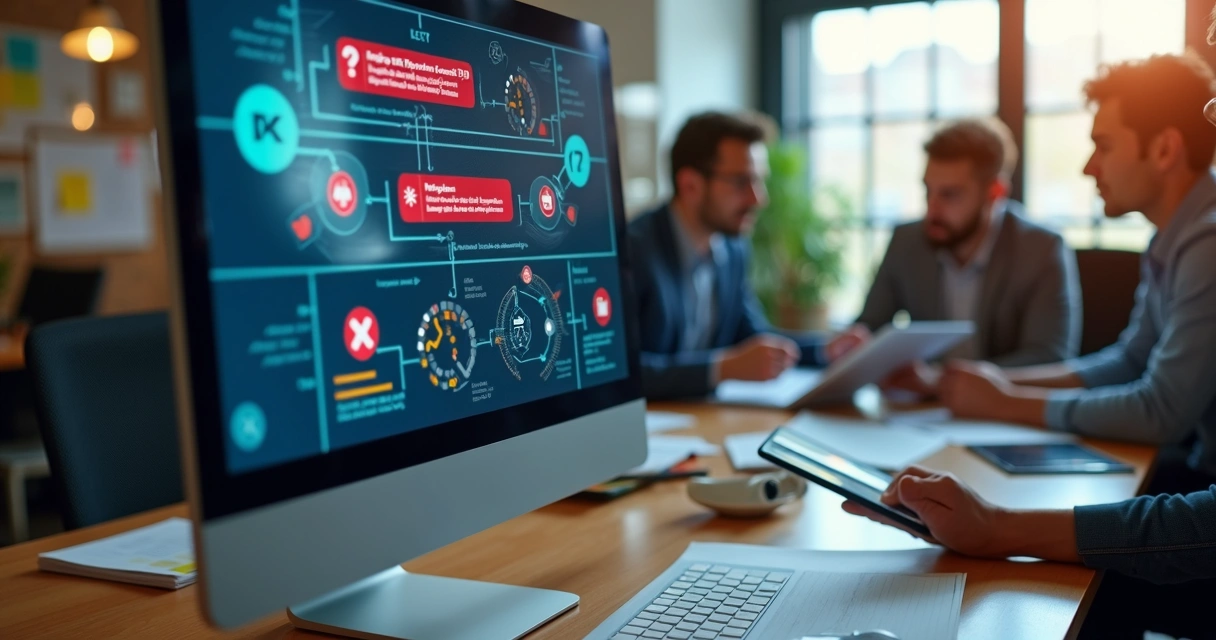 Tela de computador mostrando software de recrutamento com alertas de erros e ícones de automação e recrutadores revisando processos 