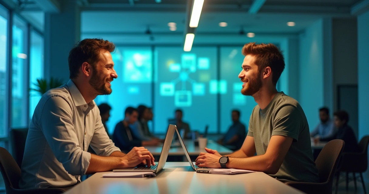 Recrutador conversando com desenvolvedor júnior em ambiente de escritório moderno, simbolizando o recrutamento eficiente.