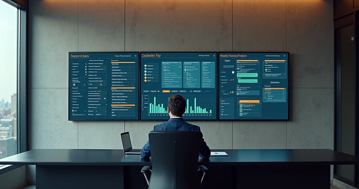 Gestor de recrutamento analisando perfis de nichos diferentes em grandes telas 