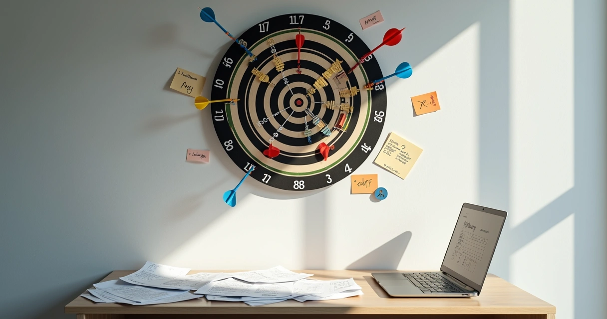 Alvo confuso com dardos dispersos simbolizando recrutamento sem critérios 