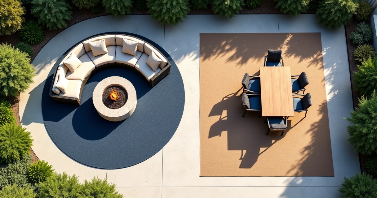 Round and rectangular outdoor rugs side by side 
