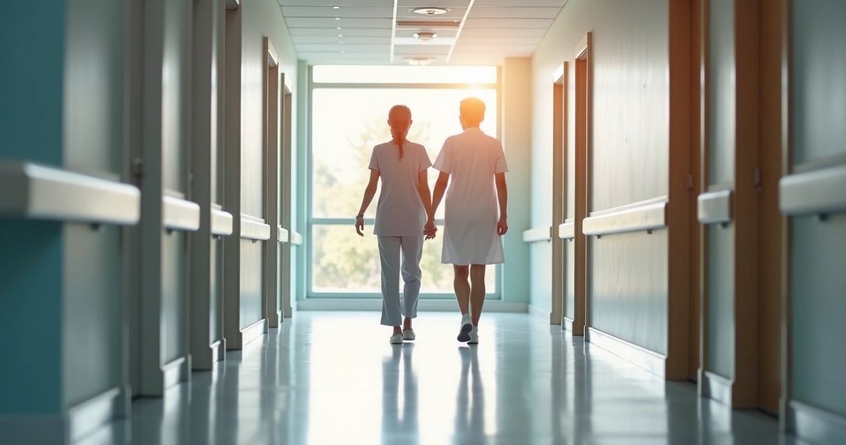 Paciente caminhando após procedimento vascular minimamente invasivo 