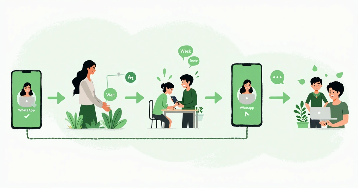 Representação de um fluxo de atendimento pelo WhatsApp, mostrando clientes sendo direcionados para automação e depois para atendimento humano. 