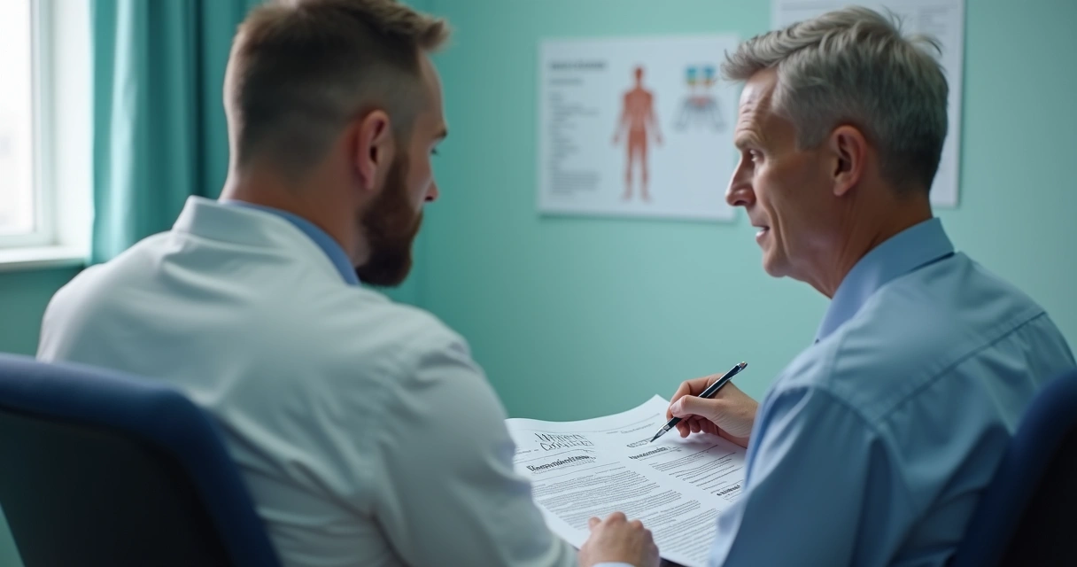 Homem em consulta médica recebendo orientações de pós-operatório 