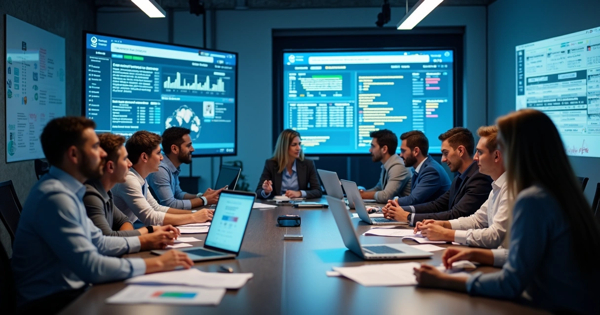 Equipe de TI reunida em sala de reunião analisando plano de restauração em notebooks