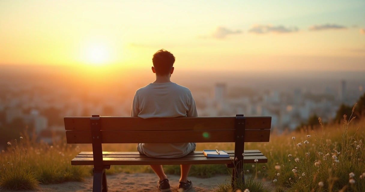 Pessoa contemplando a paisagem ao amanhecer em um banco, transmitindo calma e recuperação emocional 