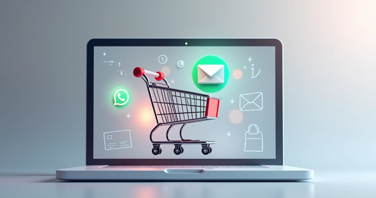 Representação visual de um carrinho de compras virtual abandonado e mensagens automáticas aparecendo na tela 