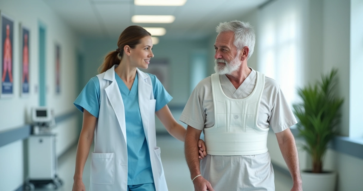 Paciente em recuperação de cirurgia cardíaca caminhando com colete torácico acompanhado por fisioterapeuta 
