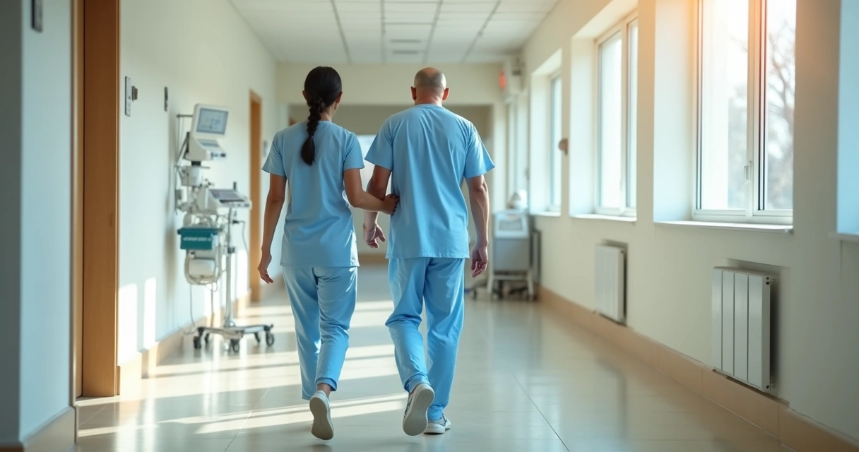 Paciente caminhando com orientação após cirurgia de coluna 