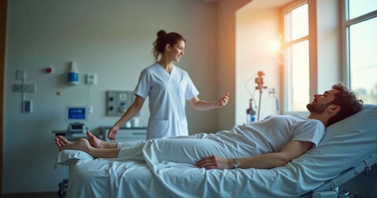 Paciente em recuperação após cirurgia lombar, fisioterapeuta ao lado 