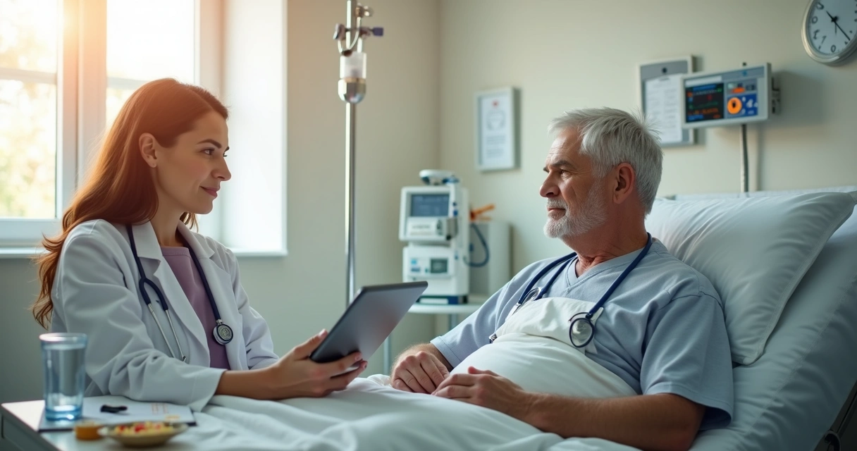 Médica conversa com paciente em recuperação de cirurgia digestiva em quarto de hospital moderno 