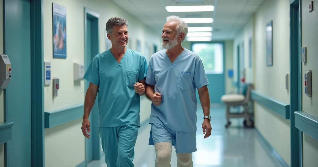 Paciente caminhando no corredor do hospital após cirurgia no joelho 