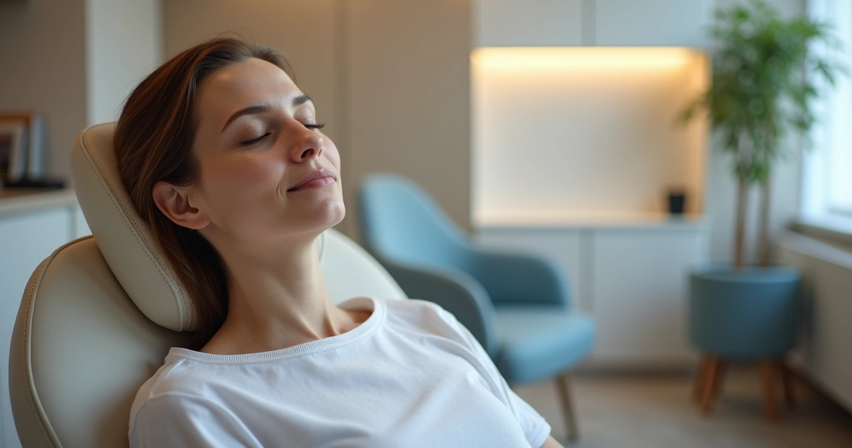 Paciente sentado após cirurgia a laser, ambiente de consultório 