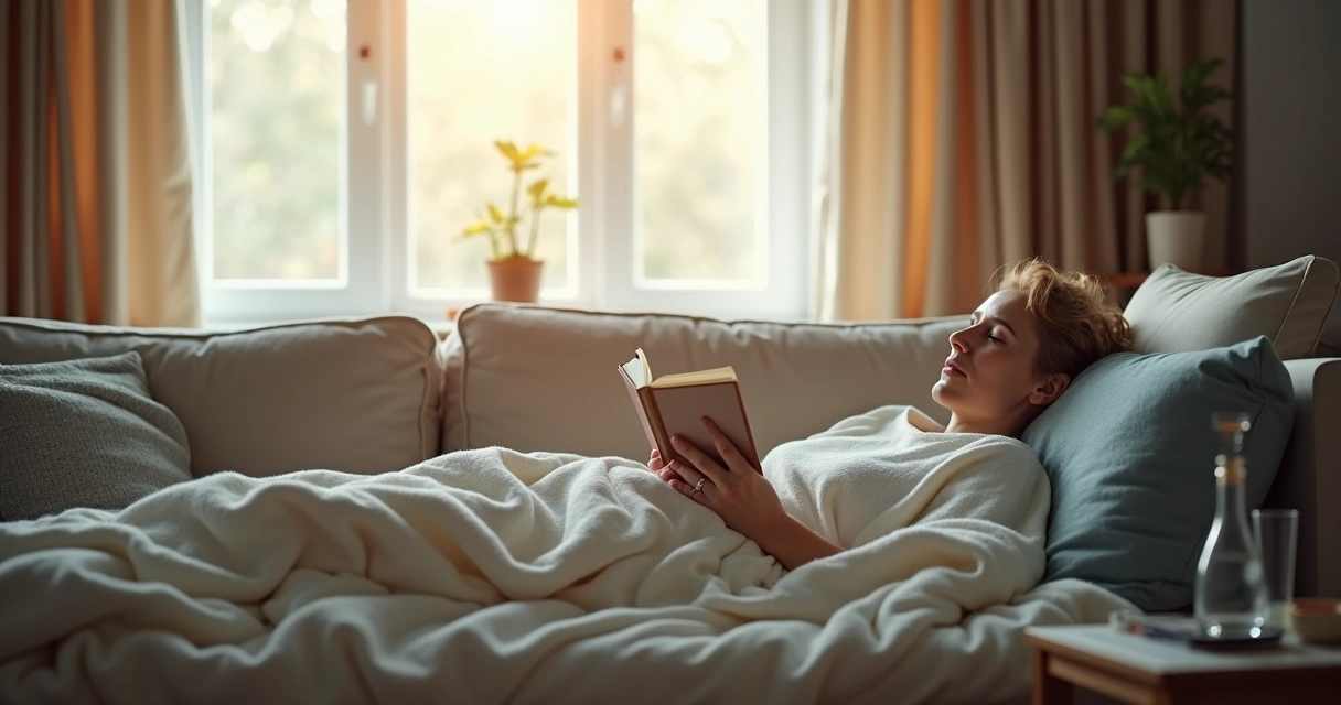 Pessoa descansa no sofá após cirurgia, lendo livro 