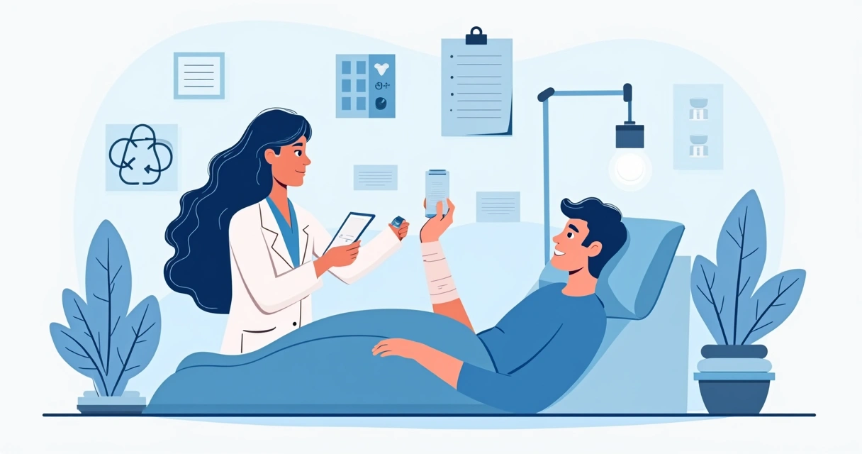 Ilustração de uma pessoa com a mão enfaixada após cirurgia, sentada, com elementos que representam repouso e reabilitação.