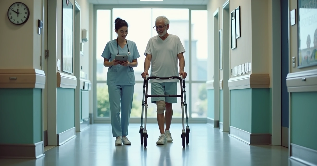 Paciente caminhando com andador em corredor de hospital ao lado de fisioterapeuta 