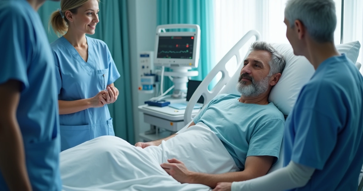 Paciente em recuperação no hospital após cirurgia de prótese peniana, com equipe médica ao redor 