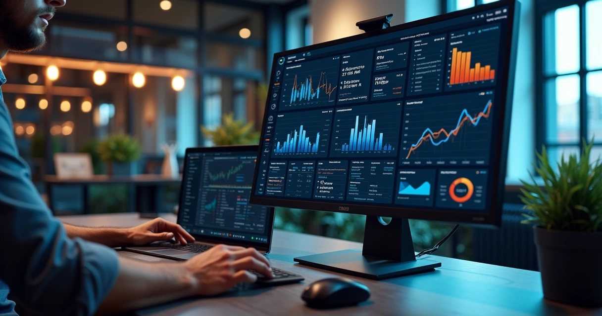 Tela de computador mostrando dashboard com gráficos de churn e indicadores de clientes perdidos em ambiente de escritório moderno 