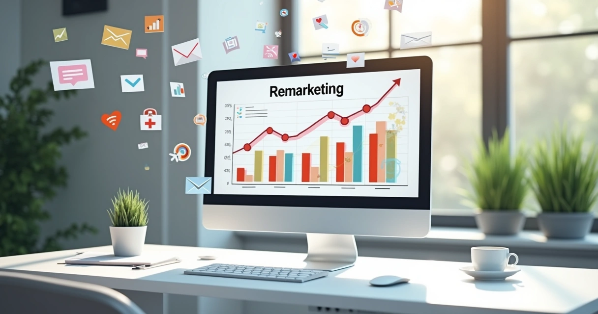 Computador com tela exibindo gráficos de remarketing e clientes retornando ao site 