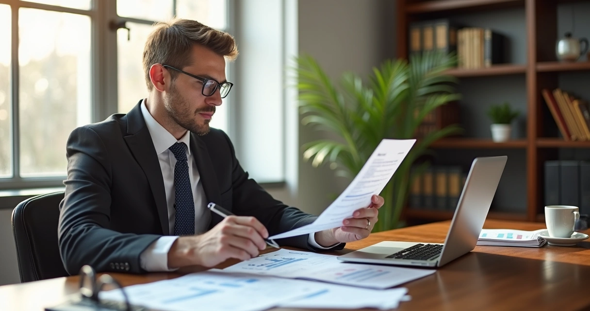 Profissional de advocacia analisando documentos fiscais e planilhas em escritório moderno e iluminado 