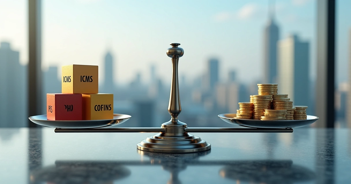 Balança de justiça com cubos de impostos se transformando em moedas empilhadas 