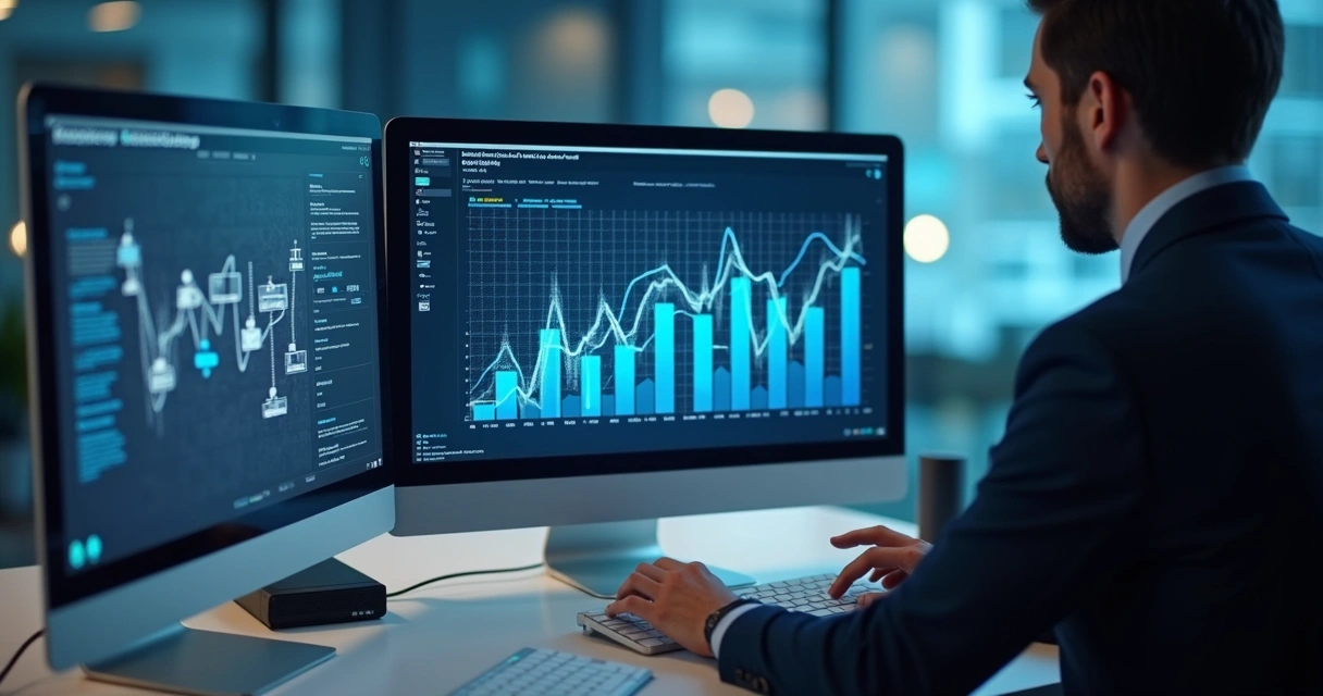 Profissional restaurando dados financeiros em tela de computador 