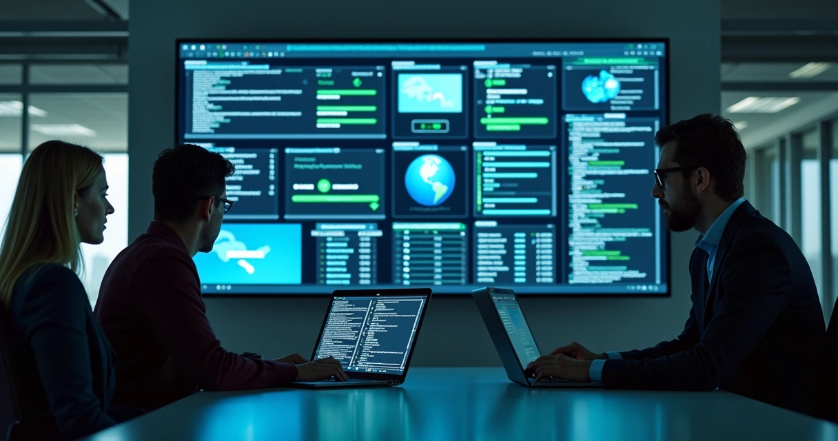 Equipe de TI restaurando dados em ambiente empresarial moderno após falha. 